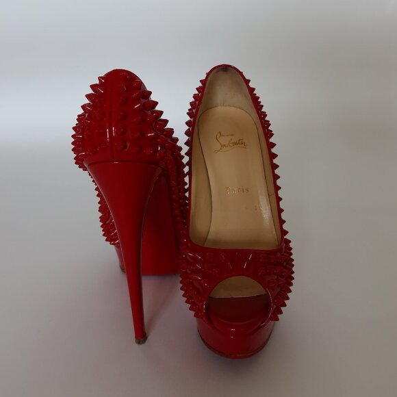 Christian Louboutin Lady Peep Spikes Red Patent Leather 150MM - Picture 2 of 4